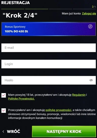 Formularz rejestracyjny w RTBet Casino - 2 krok