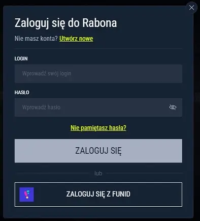 Formularz logowania do Rabona Casino